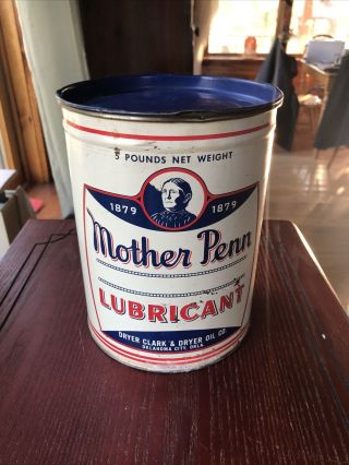 Vintage Mother Penn 5 Lb Metal Lubricant Grease Can Gas Station