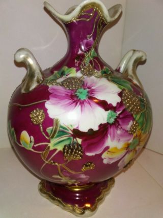 Antique Nippon Hand Painted Floral & Gold Gilt Beading Moriage 2 Handle Vase