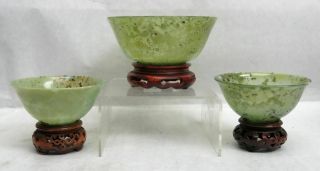 3 Fossilized Carved Green Jade Bowls On Wood Bases