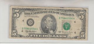 1995 (d) $5 Five Dollar Bill Federal Reserve Note Cleveland Old Vintage Currency