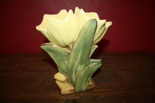 Vintage Mccoy Double Tulip Vase,  Green Leaves And Yellow Tulips 1940 