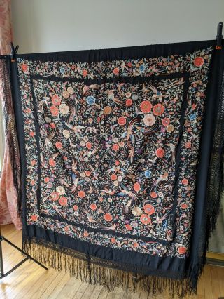 Antique Chinese Silk Embroidered Shawl 1920s Black Silk Floral Bird Embroidery
