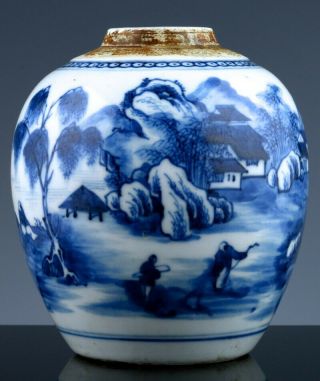 Fine Antique Chinese Nanking Blue & White Mountain Landscape Jar Vase Qianlong