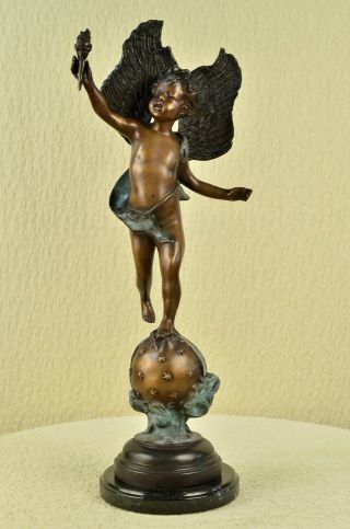 Large Vintage Art Nouveau Style Bronze Sculpture Winged Cupid Nude Man Statue