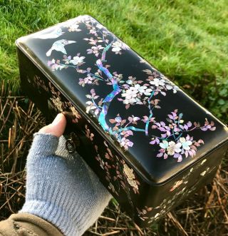 Stunning Antique Japanese Lacquer Box Beautifully Inlaid With Mop Branches Birds