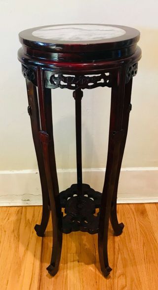 Vintage Chinese Carved Rosewood Lacquered Pedestal Stand W/ Inset Marble Top