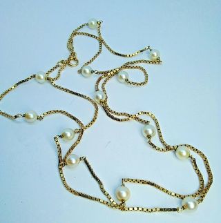 Antique 9ct Gold Box Chain Necklace With Cultured Pearls