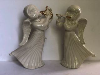 Vintage Atlantic Mold 12 " Ceramic Angel Figures Harp Flute Ivory Gold Christmas
