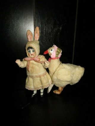 Antique Bisque Easter Rabbit - Bunny Doll With Goose - Germany