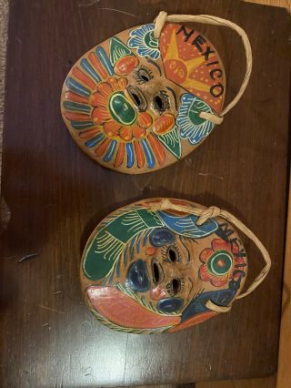 Vtg Mexican Mask Clay Pottery Hand Painted Birds Colorful Folk Art Wall Hangings