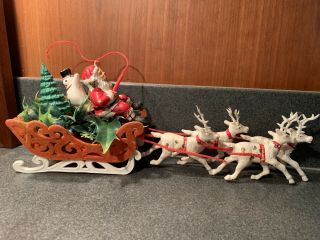 Vintage Plastic Flocked Christmas Santa Claus Sleigh W 4 Reindeer Holiday Decor