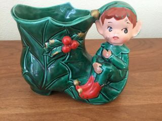 Vintage Cute Elf Pixie On Green Holly Berry Shoe Boot Planter Ceramic 6” Long