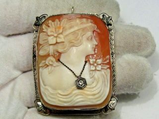 Antique Victorian 14k Solid White Gold Filigree Large Cameo Pendant/brooch.  84