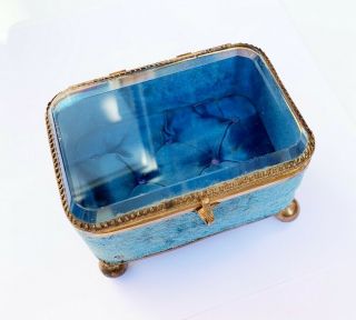 Antique Victorian French Blue Velvet Tufted Silk Glass Bezeled Jewelry Box
