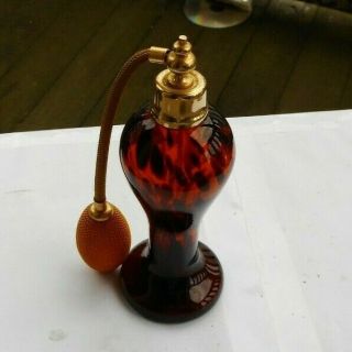 Rare Vintage 7 " Art Deco Form Amber Glass Perfume Bottle Atomizer Brass Look Nr