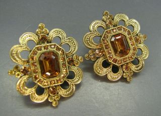 Avon Os Vintage Antique Gold Tone Earrings Amber Orange Rhinestone Fancy Frame