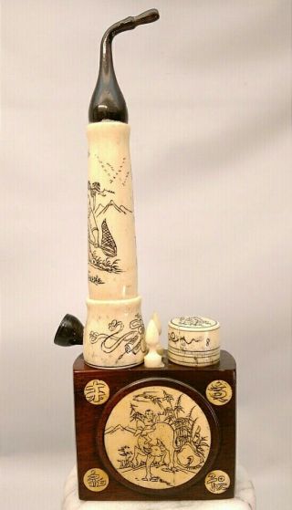 Antique Chinese Asian Ebony Wood & Bone Opium Poppy Tobacco Pipe Hand Engraved