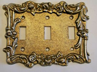 Vintage Triple Thick Metal Light Switch Plate Cover Rose Floral Ornate Gold Tone
