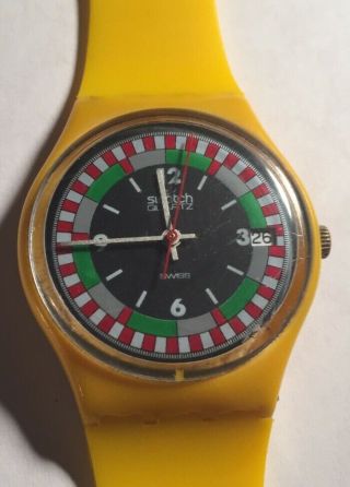 1986 Vintage Swatch Watch Gj400 Yellow Racer Good Cond