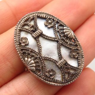 Vtg 925 Sterling Silver Mother - Of - Pearl Floral Ornate Design Pin Brooch