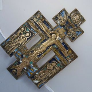 ANTIQUE Bronze Enamel Russian ICON CRUCIFIX Cross صليب 5