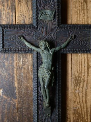 Wooden Altar Crucifix Bronze Jesus Corpus Christi 19.  6 In Icon Religious Antique
