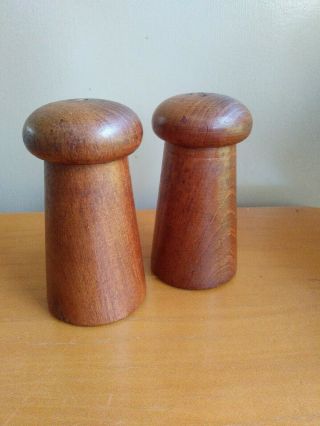 Vintage Pair Danish Modern Mid Century Teak Salt Pepper Shakers Mushroom