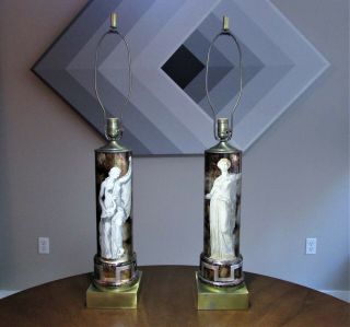 Pair Vintage Mid Century Modern Luxe Eglomise Fornasetti Style Decoupage Lamps