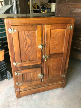 Vintage 3 - Door Wooden Ice Box Chest Cooler One Owner Tin Wood Antique