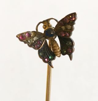 Antique Art Nouveau 10k Stick Pin With Multi Stone Butterfly