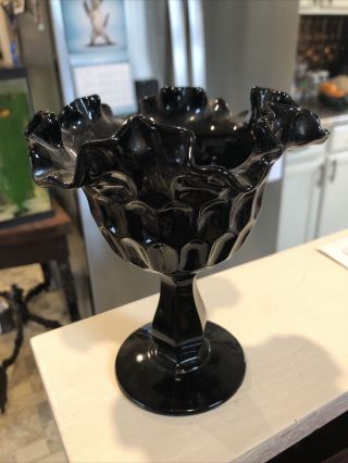 Vintage Fenton Black Glass Compote Candy Dish Ruffled Edge Thumbprint 6” Tall