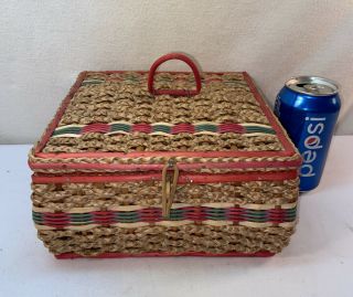 Vtg Small Mid - Century Red Green Sewing Basket Storage Organizer Pincushion Lid