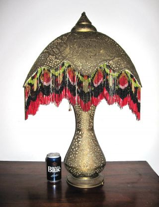 Antique Pierced Brass Moroccan Turkish Moorish Beaded Fringe Table Lamp