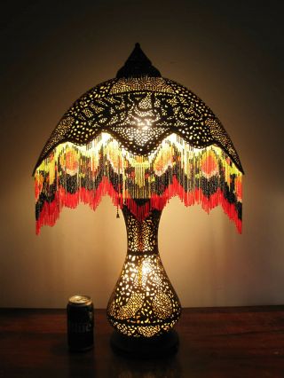 Antique Pierced Brass Moroccan Turkish Moorish Beaded Fringe Table Lamp 2