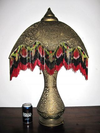 Antique Pierced Brass Moroccan Turkish Moorish Beaded Fringe Table Lamp 4