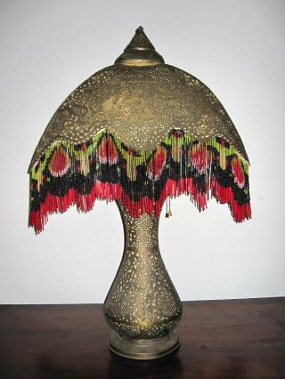 Antique Pierced Brass Moroccan Turkish Moorish Beaded Fringe Table Lamp 5