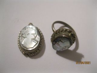 Vintage Mother Of Pearl Cameo,  800 Silver Pendant And Ring