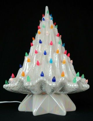 Large Vintage Ceramic Christmas Tree Atlantic Mold White Lava Star Iridescent