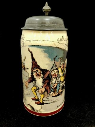 Antique Mettlach German Beer Stein Gnomes Bowling 1/2 Liter 1909 Villeroy & Boch