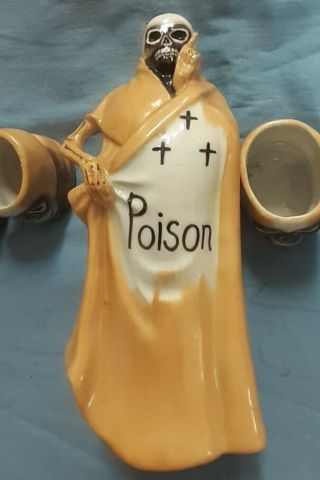 Vintage Antique Figural Skeleton Poison Decanter Set Bottle Grim Reaper Skull