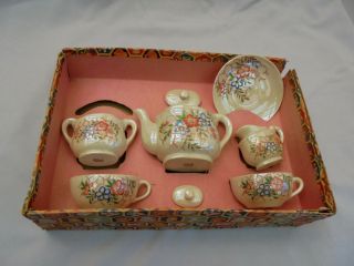 Occupied Japan Childs Tea Set,  Luster,  Flowers,  Box No Lid,  10 " X6.  5 ",  Vintage
