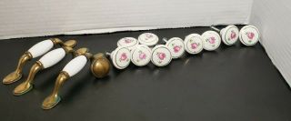 10 Porcelain Ceramic Cabinet Knobs Drawer Pulls Pink Rose Gold Trim/handles Vtg