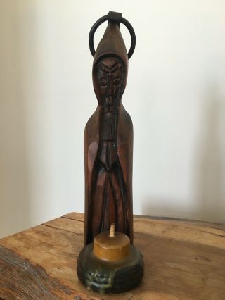 Vintage Wooden Saint/monk Figure With Candle And Metal Hanging Ring