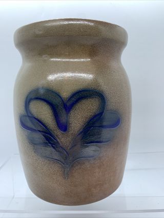 Vintage Beaumont Brothers Pottery Salt Glazed Cobalt Blue Stoneware Heart Crock