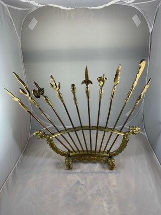One Set Of 10 Vintage Ornate 9” Brass Kabob Skewers With Dragon Lion Stand