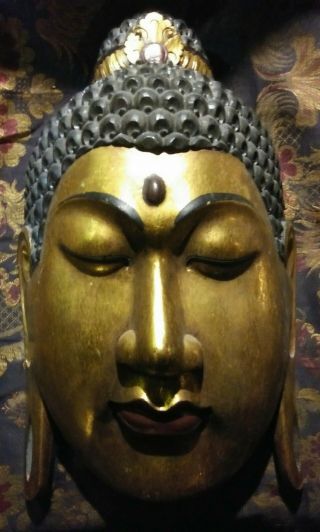 Vintage 24 " Hand Carved Wooden Buddha Face Mask