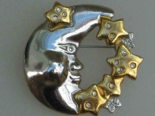 Charming Vintage Gold & Silver Tone Man In The Moon White Diamante Stars Brooch