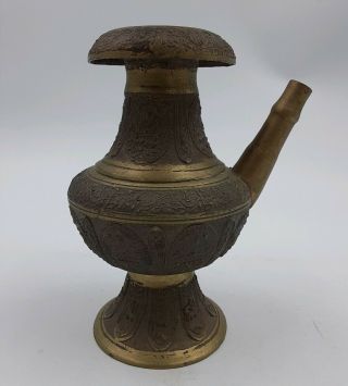 Antique Vintage Brass Hindu Tibetan Buddha Motif Holy Water Pot Vase Magic Lamp