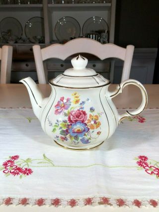 Vintage Sadler Teapot 3769 Pink Yellow And Blue Wildflowers With Gold Stripes