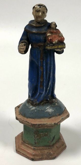 Antique Early 19th C Carved Wood Painted Saint Anthony Figure Statue Icon